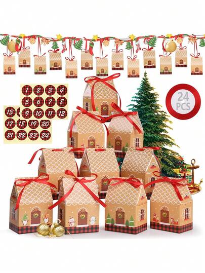 Conjunto de 24 caixas de presente em formato de casinha de gengibre natalina com adesivos de calendário de contagem regressiva, desenhos festivos de Papai Noel, boneco de neve e árvore de Natal. Caixas de papel kraft para embalagens de presentes de Natal, lembrancinhas e decoração natalina. Decoração de Natal para casa e ambientes. Decoração de inverno.