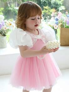 Đầm công chúa màu hồng tay phồng bằng vải voan thanh lịch cho bé gái 0-4 tuổi, thích hợp cho tiệc sinh nhật lần thứ nhất, tiệc chiêu đãi, đám cưới. - Hồng - Xem 9