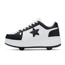 Teenagers' Roller Skates, 4-Wheel Detachable, Boys' Black & White, Multi-Functional Heelys, Ice Skates, All Season, Star Lace-Up Casual Sports Shoes