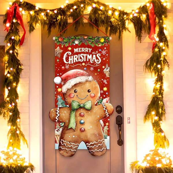 1 Stück, 50x100cm, Weihnachts-Themen Polyester Hängefahne, geeignet für Weihnachts-Türrahmen Dekorationen, Garten Flagge Dekorationen und Wohnzimmer Dekorationen. Aus Polyester gefertigt, mit einem Retro-Landhausstil Lebkuchenmann Motiv vor rotem Festtagshintergrund.