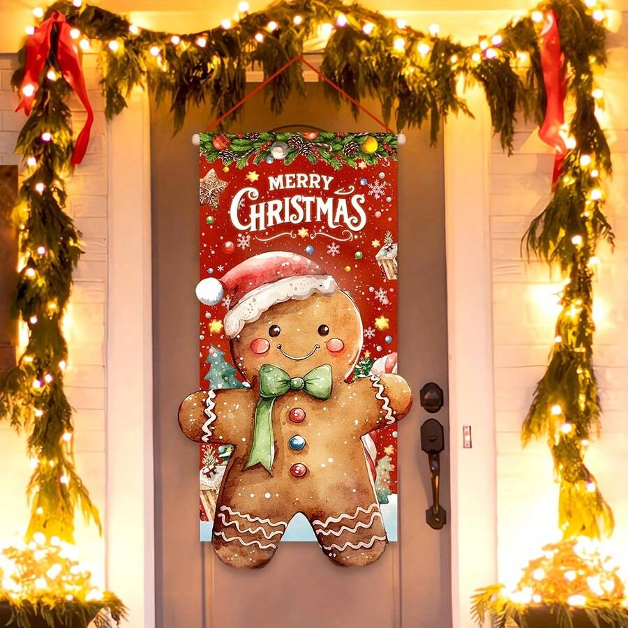 1 Stück, 50x100cm, Weihnachts-Themen Polyester Hängefahne, geeignet für Weihnachts-Türrahmen Dekorationen, Garten Flagge Dekorationen und Wohnzimmer Dekorationen. Aus Polyester gefertigt, mit einem Retro-Landhausstil Lebkuchenmann Motiv vor rotem Festtagshintergrund.