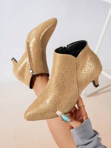 女士金色踝靴，新款秋季时尚百搭尖头优雅猫跟高跟靴，侧拉链设计，适合派对和聚会场合 - 金色 - 查看 1