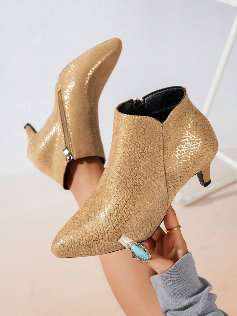 女士金色踝靴，新款秋季时尚百搭尖头优雅猫跟高跟靴，侧拉链设计，适合派对和聚会场合 - 金色 - 查看 1