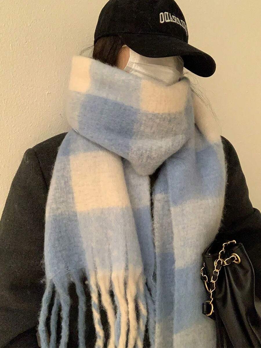 1条可爱时尚卡通美拉德高品质保暖围巾，秋冬新款仿羊绒柔软围巾，适合日常、通勤、户外、居家、旅行、节日送礼，也可作为连衣裙配饰。 - 藍白格子 - 查看 1