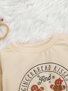 Baby Girl Christmas Gingerbread Letter Print Long Sleeve Sweatshirt And Green Snowman All-Over Print Flare Pants Set, Autumn/Winter