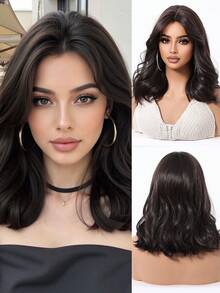 14 Inch Long Curly Elegant Black Brown Wig For Fashion Women Natural Black Synthetic Hair Wigs Heat Resistant Daily Party Vacations Use,Music Festival Personalized Wig(Pay Attention To How You Wear And Care For It) - 黑棕色 - 查看 2