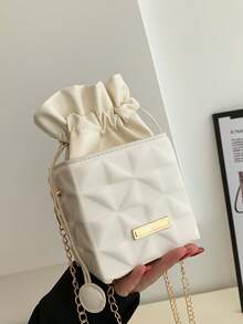 Women's Fashion Daily Drawstring Closure Square Mini Chain Crossbody Bag - Beige - View 2