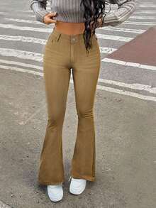 Women's Vacation Style Casual Ins Washed Frayed Skinny Flare Jeans - Khaki - View 2