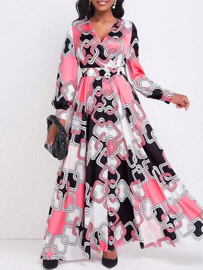 加大码V领长袖方形格子印花腰长款自由编织优雅连衣裙适合户外节日花园派对晚宴秋季女装