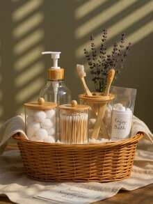 4 pièces Set de rangement transparent pour salle de bain, décoration de salle de bain d'été, rentrée scolaire. Comprend un support pour cotons-tiges, un pot pour tampons de maquillage, un gobelet pour brosse à dents et un flacon presseur. Collection pour la salle de bain, indispensable pour la maison et les voyages.