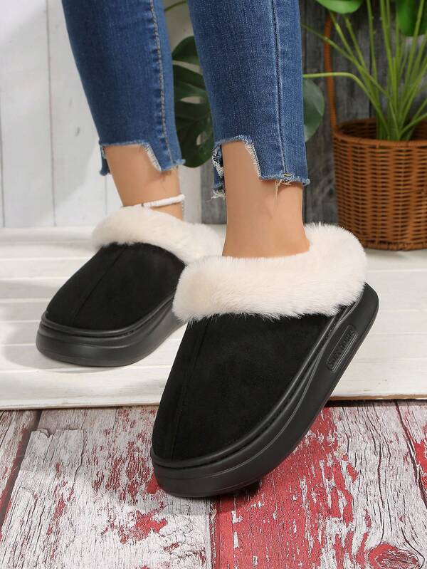 أحذية منزلية نسائية مريحة من الفرو الناعم، مبطنة حرارياً، مانعة للانزلاق بنعل سميك، مناسبة للاستخدام الداخلي والخارجي، أحذية منزلية عصرية بلون أحادي