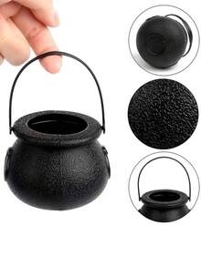 2/4/6/12 peças/conjunto mini caldeirão de plástico com mini vassouras de bruxa, pote de caldeirão de bruxa, baldes pretos com alça para porta-doces de Halloween e lembrancinhas de festa - Multicolorido - Ver 4