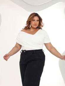 Plus Size Asymmetrical Blouse - 白色 - 查看 5