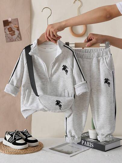 2 件套年轻男孩运动休闲套装，绣花带饰边运动夹克 + 绣花带饰边拼布裤