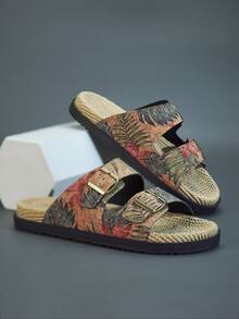 1 Pair Men's Summer Fashion Slide Sandals, Suitable For Daily Outdoor Activities, Beach Vacation, Metal Double Buckle Design, Adjustable Upper, Fresh Summer Outfit, Indoor Bathroom Slippers, Tropical Print Flip Flops