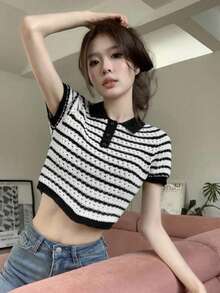 Áo len dệt kim tay ngắn kẻ sọc có cổ, đa năng và thon gọn, áo cánh ngắn dành cho nữ - Đen và trắng - Xem 5