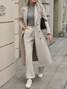 女士时尚百搭双排扣大衣，秋冬 - 淺灰色 - 查看 6