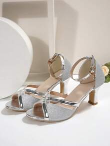 1 Pair Teenage Girls' Lace Embroidered Round Toe Chunky Heel Pumps, Apricot Color, Elegant & Versatile, PU Leather, Comfortable & Non-Slip, Heel Height 7.5cm, 2026 Spring/Summer New Style, Recommend Sizing Up One Size - Silver - View 8