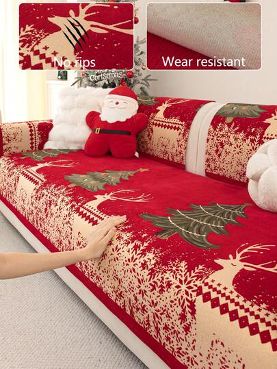 1pc Red Christmas Themed Sofa Cushion Cover, All Season Universal Sofa Seat Protector, Modern Minimalist Anti-Slip Washable Sofa Slipcover, Soft & Durable Furniture Decor For Bedroom, Office, Living Room, L-Shaped Sofa & 1/2/3/4 Seater