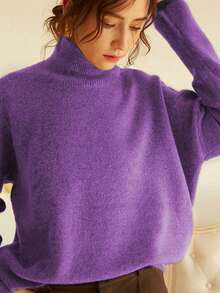 Knit Mix 优雅女士高领宽松针织毛衣，加厚长袖套头衫，适合秋冬季节，情人节和返校季时尚必备单品 - 紫藍 - 查看 7