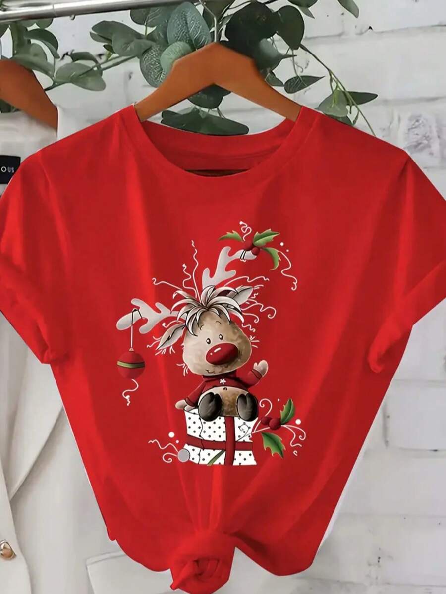 Women's Round Neck Short Sleeve Casual Christmas Print T-Shirt - Red - View 1