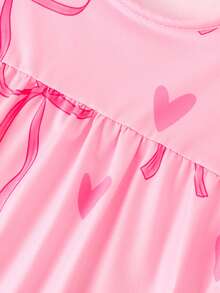 Valentine's Day Girls Nightgown, Dreamy Pink Bow & Heart Design Ruffle Flare Sleeve Sweet Girls Sleepwear - Pink - View 3