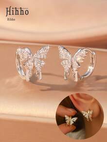 Hihho 1 对优雅镂空蝴蝶锆石耳钉，适合女士佩戴，精致珠宝耳环，适合女孩佩戴，适合日常生活、约会、派对 - 蝴蝶 - 查看 2