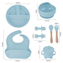 Set de Vajilla 9 Piezas en Silicona para Bebés Diseño Clásico Duradero Polvoriento Azul Incluye Cuchillería Perfecto para Niños y Fácil de Limpiar - Neblina azul - Ver 4