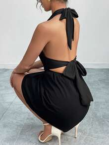 女士优雅深 V 领露背吊带连衣裙 - 黑色 - 查看 3