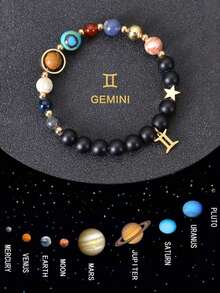 1pc 8 Planets 12 Constellations Bracelet Women & Men, Natural Stone System Bracelet, Libra Virgo Leo Gold Zodiac Pendant Chain, Valentine Jewelry Couple Fathers Day School Jewelry Men Y2k Accessories Goth Men's Chains Jeans Accessories Gothic Jewellery Back To School Street Halloween Accessories Punk - 黑色 - 查看 13