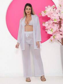 Printed Tulle Beach Cover-Up, Shirt And Pants Set - White - View 3