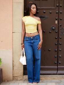 Yess Loren Blusa de verano de color liso con cuello asimétrico y drapeado asimétrico para mujer - Amarillo - Ver 1