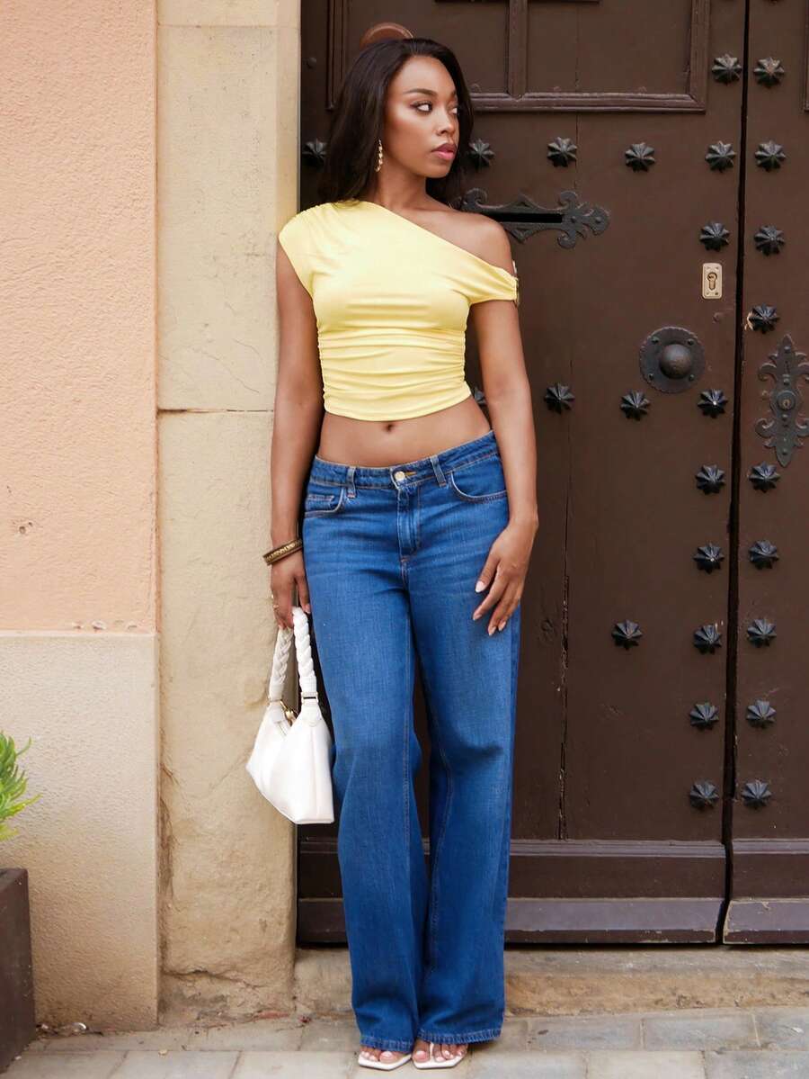 Yess Loren Blusa de verano de color liso con cuello asimétrico y drapeado asimétrico para mujer - Amarillo - Ver 1