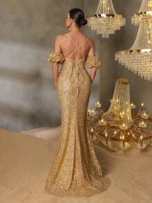 Faeriesty Style Elegant Glittery Puff Sleeves Lace-Up Backless Split Sequin Formal Party Dress For Weddings, Galas, And Cannes Parties Proms, Red-Carpet Events, And High-End Banquets​,Award Ceremonies