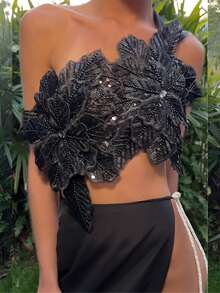 Women Sequin Rhinestone 3D Flower Crop Tops Shiny Glitter Sleeveless Tie Up Backless One Shoulder Bandeau Tube Tops Sparkly Vest Rave Party Clubwear Camisoles - màu đen - Xem 5