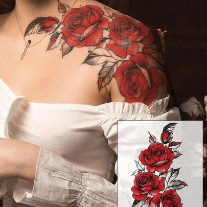 STARTTOOS 1 Sheet Colorful Rose Tattoo Stickers, Large Floral Temporary Waterproof Tattoos For Shoulders, Arms, Chest, Legs And Body