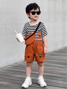 Young Boy Casual Striped Top + Simple Brown Versatile Shorts + Matching Bag Set - Brown - View 3