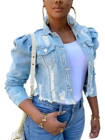 Women's Long Puff Sleeve Denim Jacket, Short Distressed Jean Coat, Ripped Denim Top