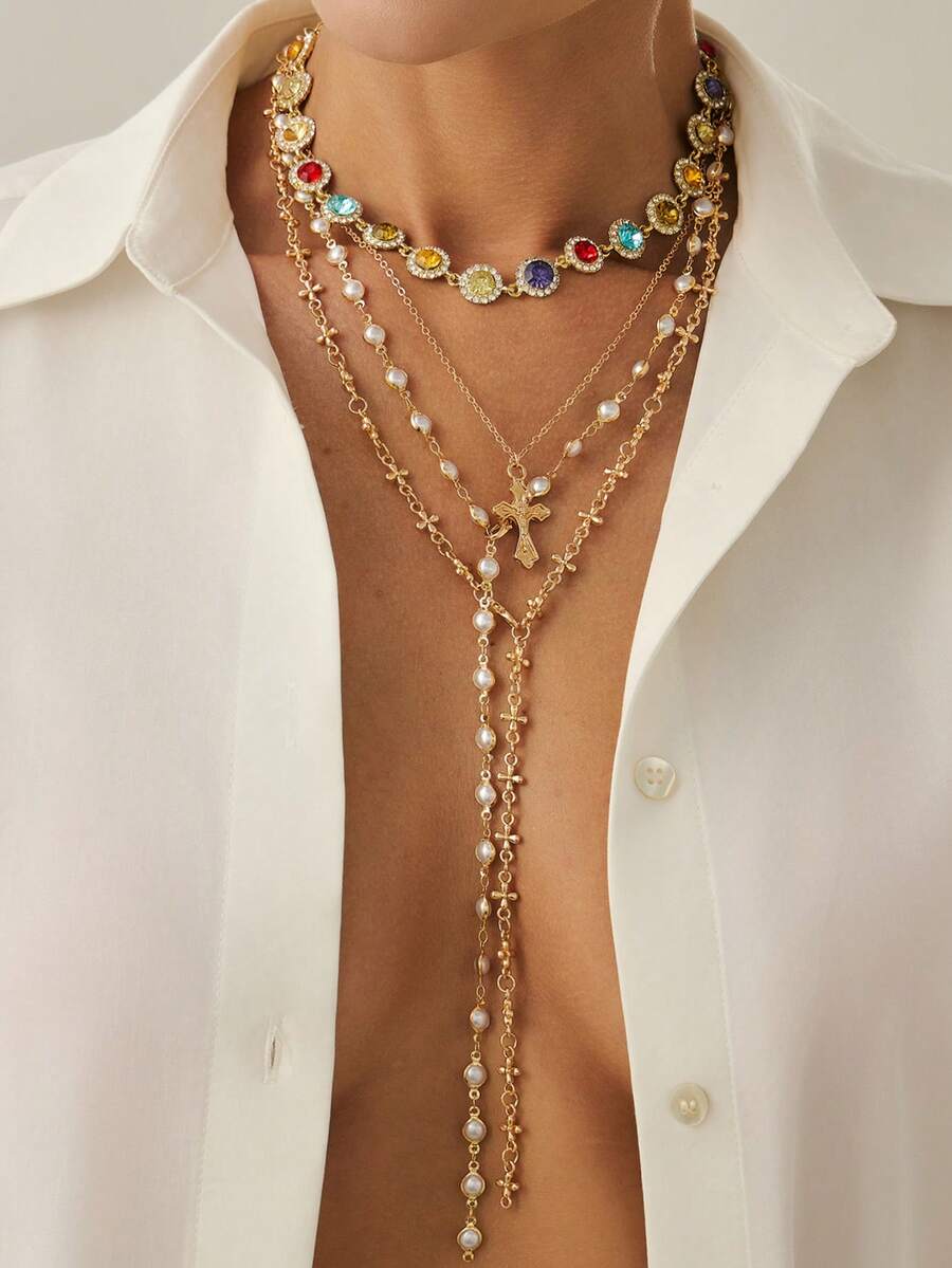 Bộ 4 mặt dây chuyền hình chữ Y đính pha lê nhiều màu sắc phong cách Bohemian và kim loại cổ điển, dây chuyền kim cương đá quý hình học thời trang sang trọng, phù hợp cho trang phục hàng ngày và ngày lễ của phụ nữ, quà tặng cho bạn bè (Màu sắc và thứ tự pha lê ngẫu nhiên)