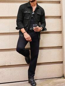 Men's Lightweight Jacket Button Up Casual Windproof Work Coat With Pockets - Black - View 3