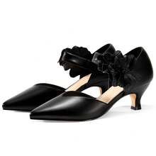 Womens Kitten Heel Closed Toe Pumps Slip On Dress Shoes With Flower Comfortable Formal Party Dance Heels - Black - View 4