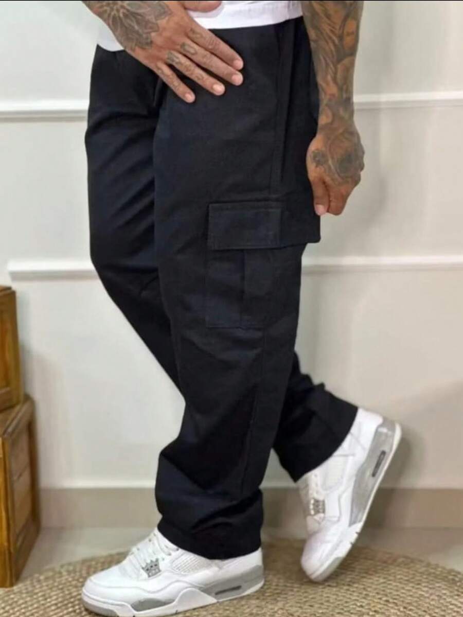 Men's Wide Leg Cargo Pants, Casual Skate, Side Pocket - Black - View 1