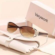 Verywork Women's Fashion Glasses - Stylish Oval Frame, Hollow Design, Black And Purple Lenses, Perfect For Parties And Gifts - 黑紫框漸層紫膜 - 查看 2