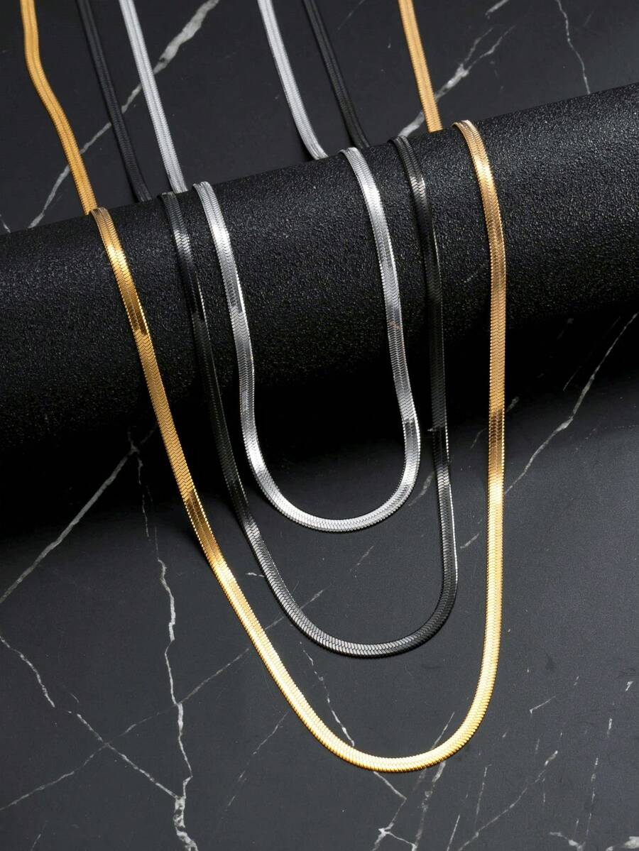 Set de 3 collares de moda para hombre, cadena plana de acero inoxidable, 3 opciones de color, diseño clásico, adecuado para uso diario - Multicolor - Ver 1