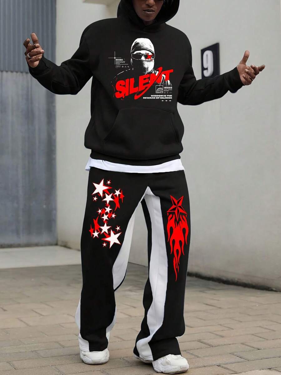 Y2k Men's Black And White Character Flame Printed Pattern Hoodie And Sports Pants 2-Piece Set, Autumn/Winter/Spring Casual Hoodie And Pants Warm And Comfortable, Fashionable And Versatile, Suitable For Back To School, Street, Outdoor Sports Wear - màu đen - Xem 1