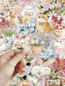 50 Peças Adesivos Florais de Jardim em Aquarela, Feitos de Material PET, Adequados para Decorar Cadernos, Capas de Telefone, Bagagens, Skates, Capacetes, Violões, etc. - Multicolorido - Visão 9