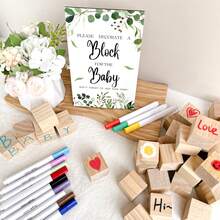 43 pièces Ensemble de jeu pour Baby Shower, Idées uniques pour Baby Shower, comprenant 30 blocs en bois vierges DIY, 12 marqueurs et 1 panneau de jeu "Décore un bloc" pour la fête de révélation du sexe du bébé