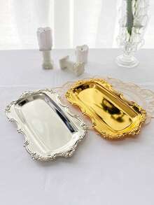 1pc Stainless Steel Tray, Embossed Dessert Plate, Mirror Jewelry Storage Plate, European Rectangular Dried Fruit And Snack Tray, Romantic Candlelight Dinner Prop, Afternoon Tea Cake Plate - MultiWarna - View 5