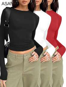 3pcs/Set Women Crew Neck Long Sleeve Solid Color T-Shirts, Fitted Casual Pullover Tops, Spring/Autumn - Multicolor - View 3