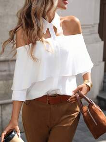 女士露肩纯色长袖衬衫，简约时尚